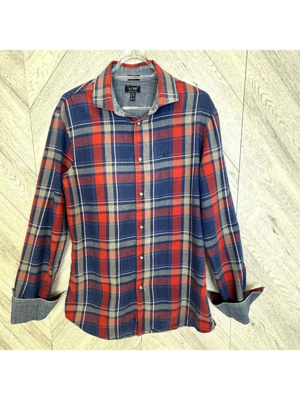 Armani Jeans Snap Front Shirt Plaid Long Sleeve Mens Medium Slim Fit Flip Cuff